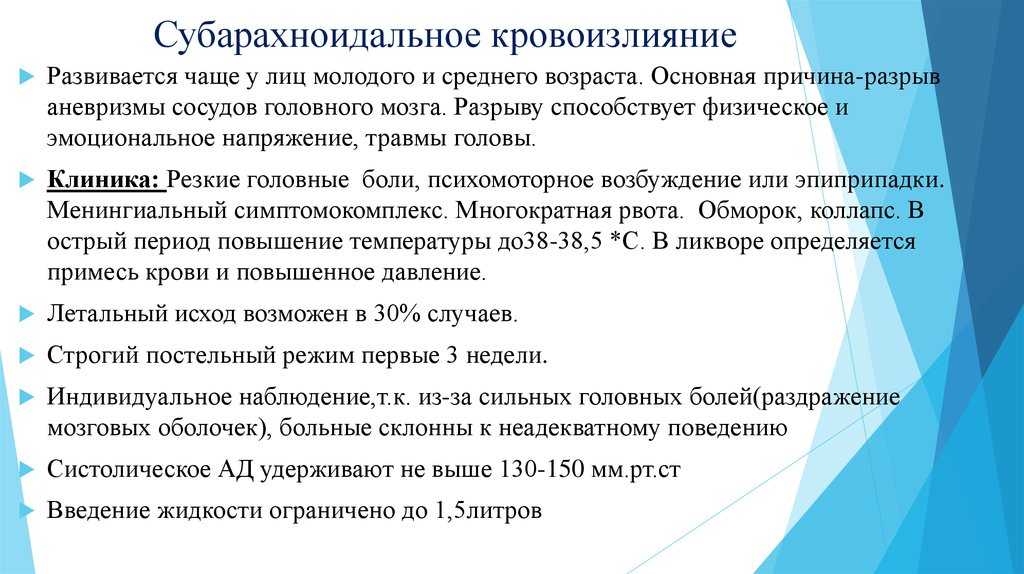 Субарахноидальное кровоизлияние — лечение, симптомы и прогноз на жизнь Субарахноидальное кровоизлияние: симптомы, лечение и прогноз Известно, что
