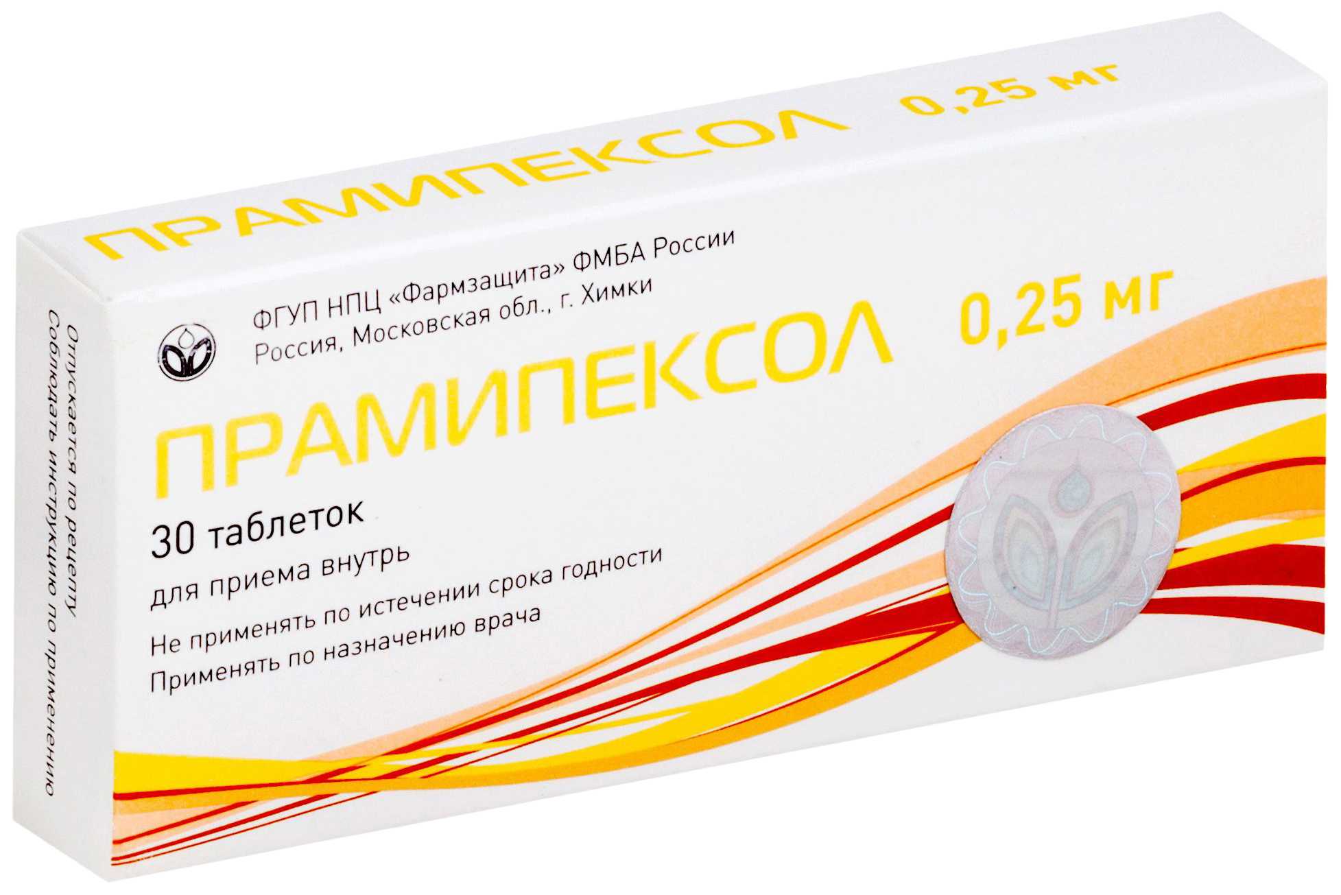В 1 таблетке прамипексола дигидрохлорида моногидрата 0,125; 0,25; 0,5 или 0,1 мг Таблетки различной дозировки Противопаркинсоническое