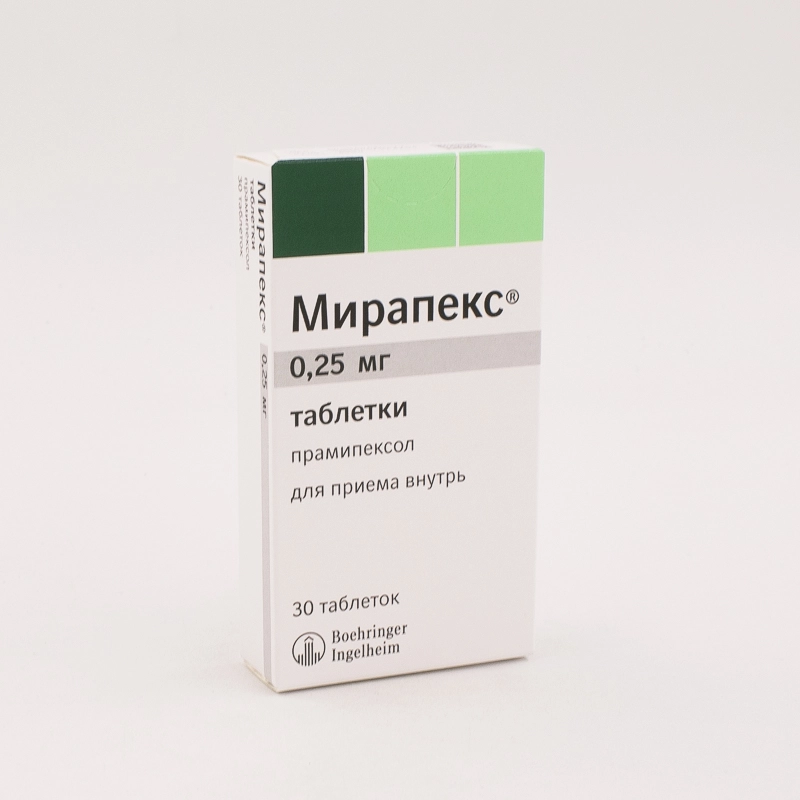 В 1 таблетке прамипексола дигидрохлорида моногидрата 0,125; 0,25; 0,5 или 0,1 мг Таблетки различной дозировки Противопаркинсоническое