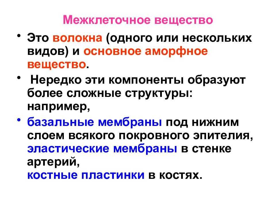 Межклеточное вещество – это одна из частей разнообразных видов соединительных тканей В состав межклеточного вещества входят различные вещества: лимфа, плазма крови, ретикулиновые, эластиновые и коллагеновые белковые волокна, а также аморфное